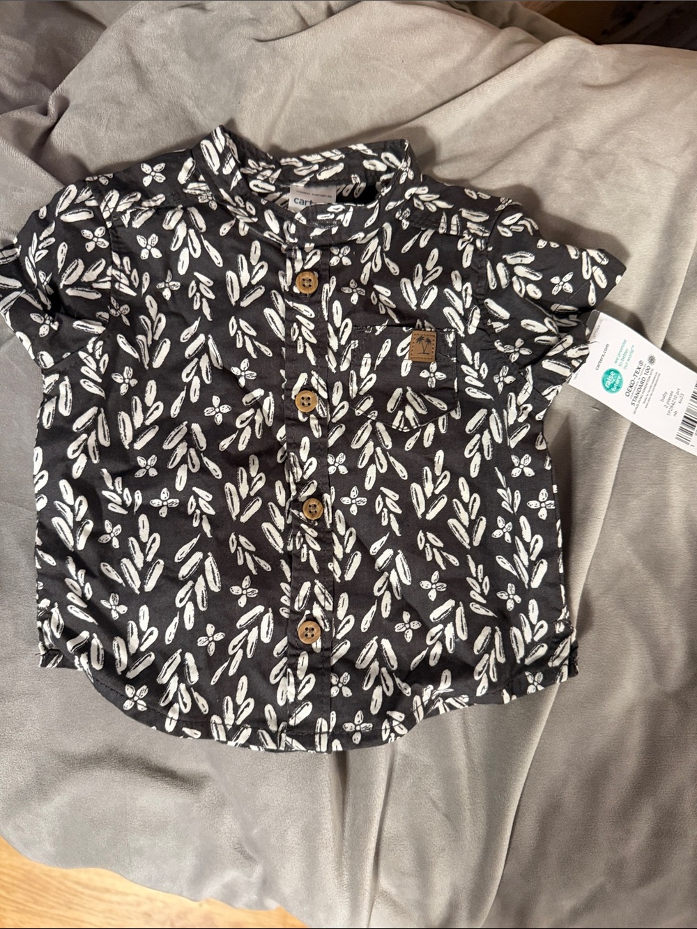 Carter's Black Short-Sleeve Button Shirt with White Leaf Print